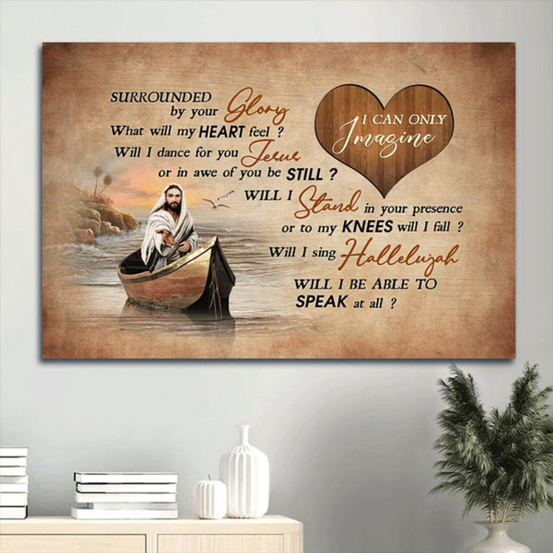 Beach Painting Walking With Jesus Heart Shape Boat Painting Canvas I Can Only Imagine Canvas Wall Art - Christian Wall Decor
