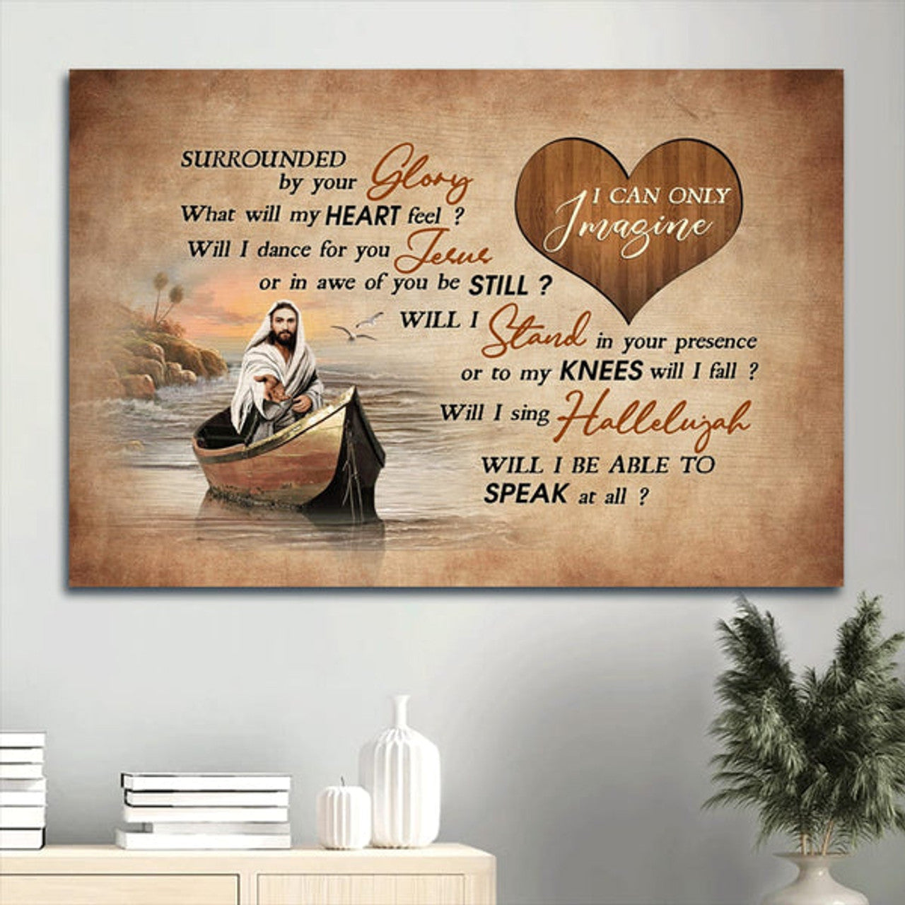 Beach Painting Walking With Jesus Heart Shape Boat Painting Canvas I Can Only Imagine Canvas Wall Art - Christian Wall Decor