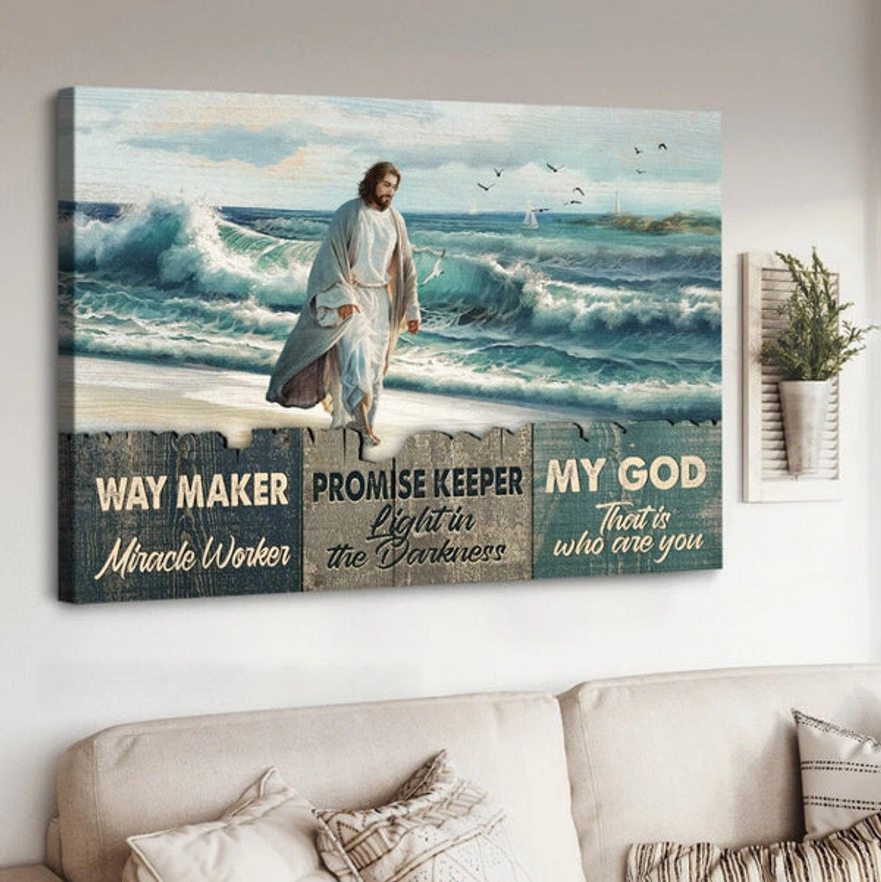Beach Painting Walking With Jesus Way Maker Miracle Worker Canvas Wall Art - Jesus Canvas Pictures - Christian Wall Posters