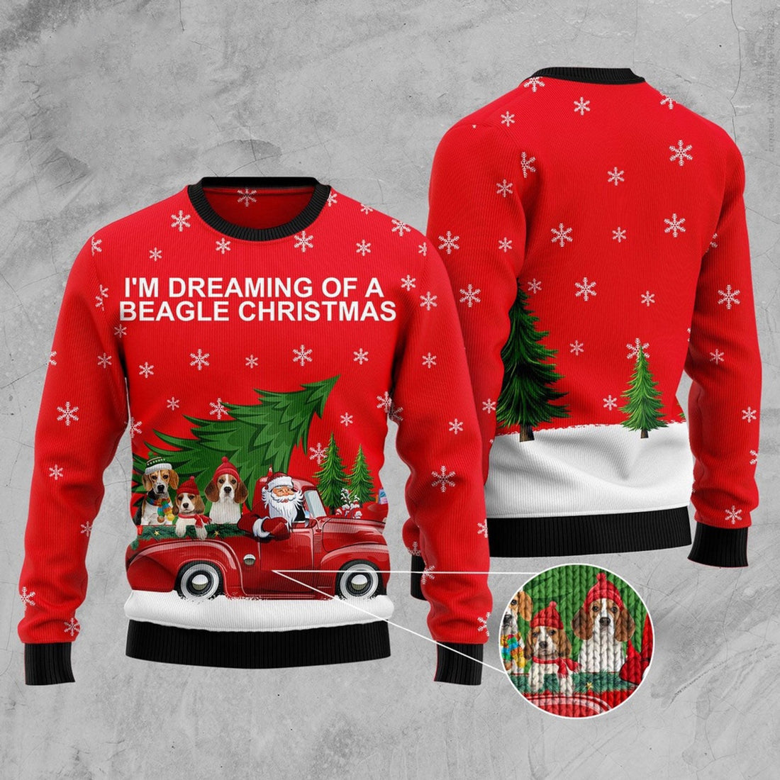 FUNSTUFFPRINT Beagle And Red Truck Ugly Christmas Sweater, Christmas Sweater, Ugly Sweater, Funny Xmas Sweaters Ugly Sweater