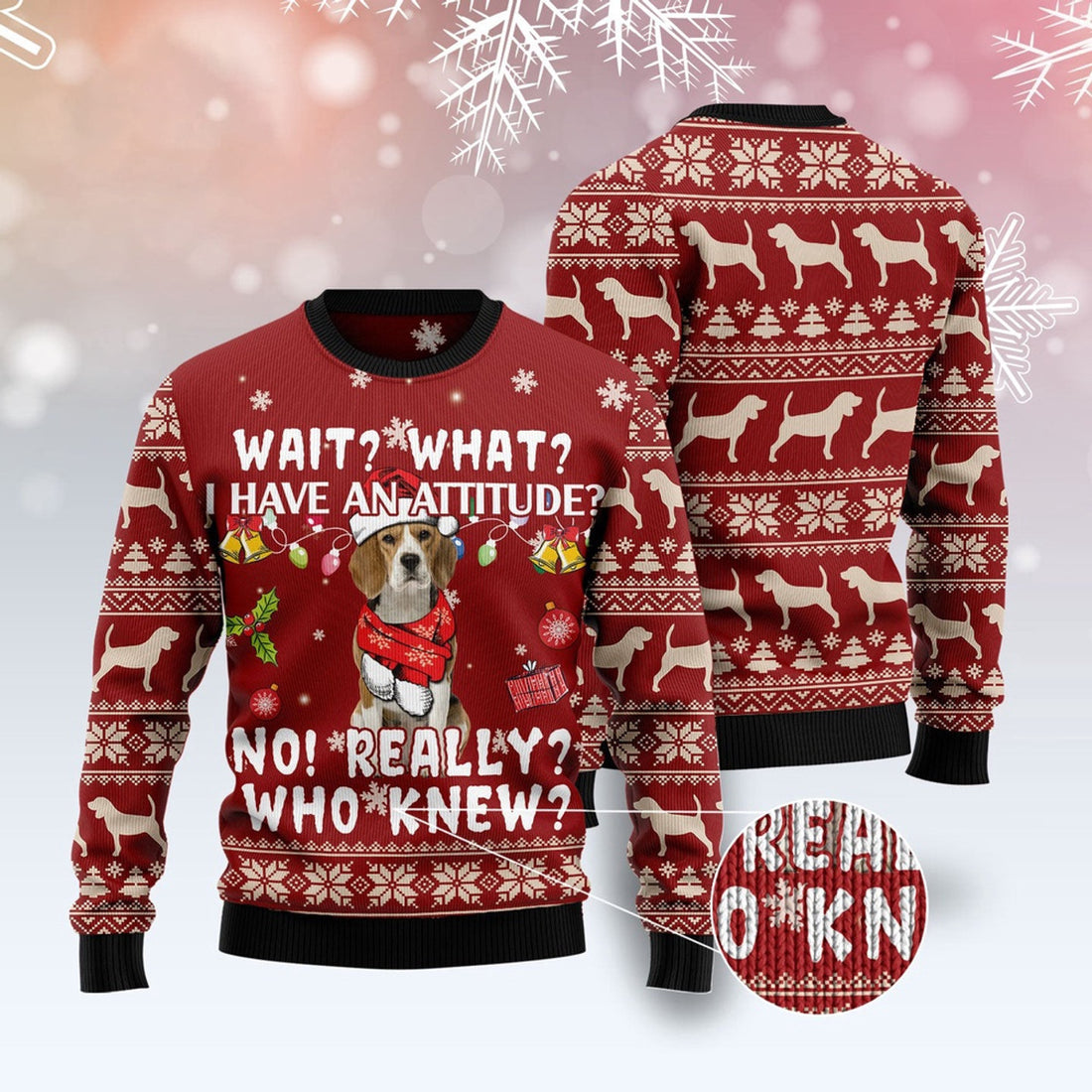 FUNSTUFFPRINT Beagle Attitude Ugly Christmas Sweater, Christmas Sweater, Ugly Sweater, Funny Xmas Sweaters Ugly Sweater
