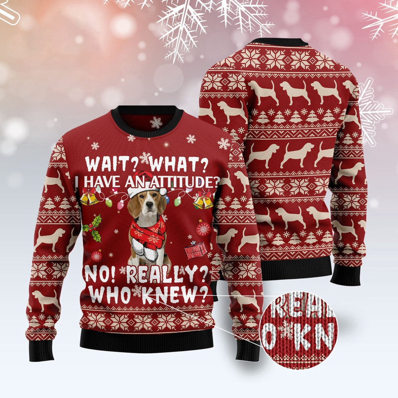 FUNSTUFFPRINT Beagle Attitude Ugly Christmas Sweater, Christmas Sweater, Ugly Sweater, Funny Xmas Sweaters Ugly Sweater