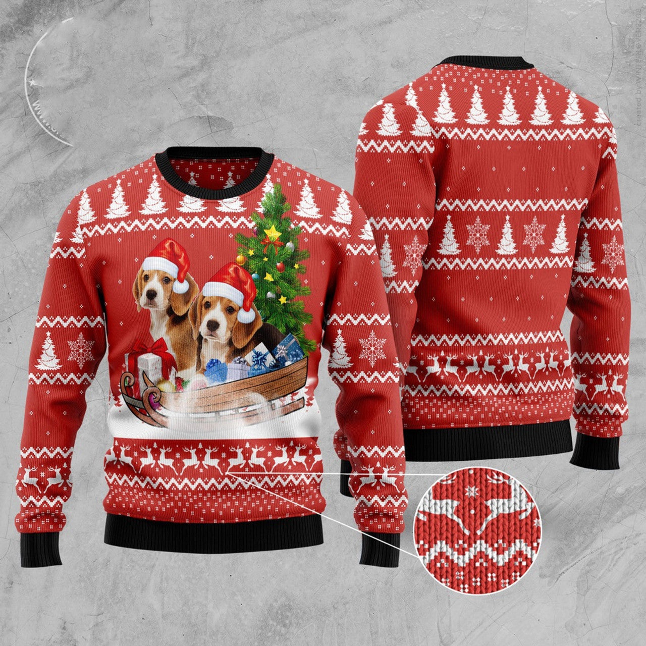 FUNSTUFFPRINT Beagle Dashing Ugly Christmas Sweater, Dog Ugly Christmas Sweater, Ugly Dog Sweaters Ugly Sweater