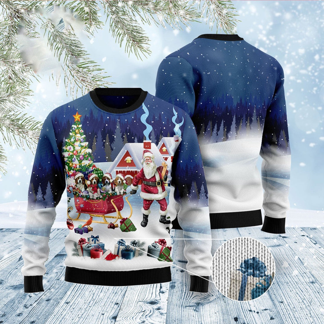 FUNSTUFFPRINT Beagle Santa Sled Ugly Christmas Sweater, Christmas Sweater, Ugly Sweater, Funny Xmas Sweaters Ugly Sweater