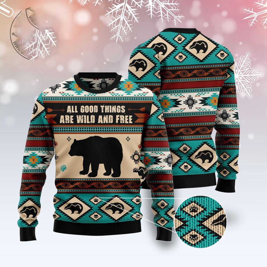 FUNSTUFFPRINT Bear Wild And Free Ugly Christmas Sweater, Christmas Sweater, Ugly Sweater, Funny Xmas Sweaters Ugly Sweater