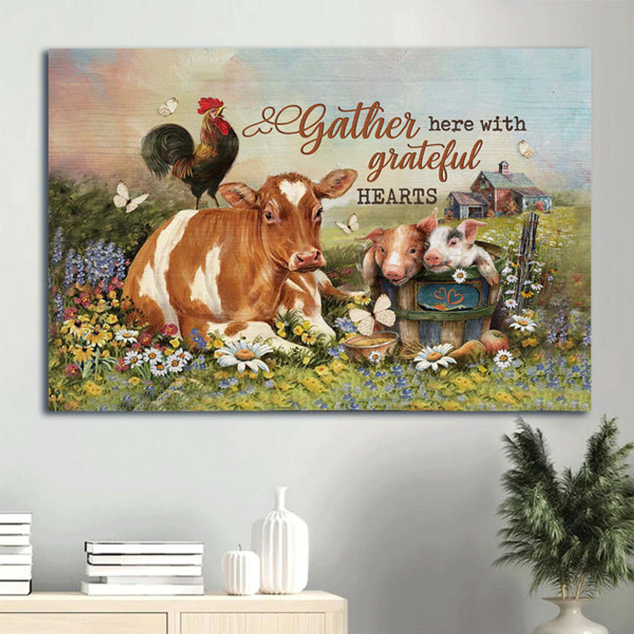 Beautiful Animals Farm Painting Gather Here With Grateful Hearts Canvas Wall Art - Christian Wall Decor