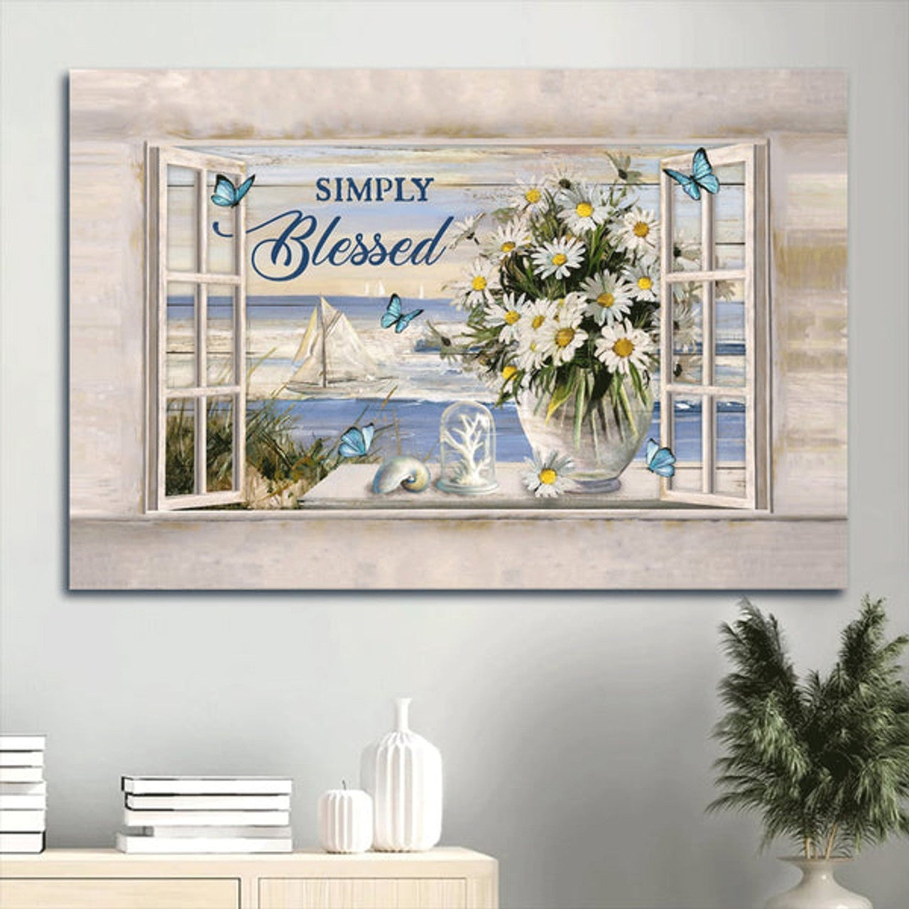 Beautiful Beach Daisy Vase Summer Painting Simply Blessed Canvas Wall Art - Christian Wall Decor