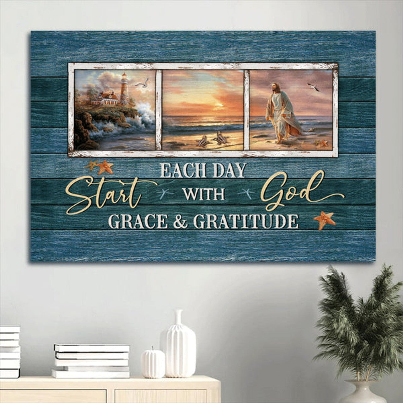 Beautiful Beach Jesus Painting Sunset Start Each Day With God Canvas Wall Art - Christian Wall Decor