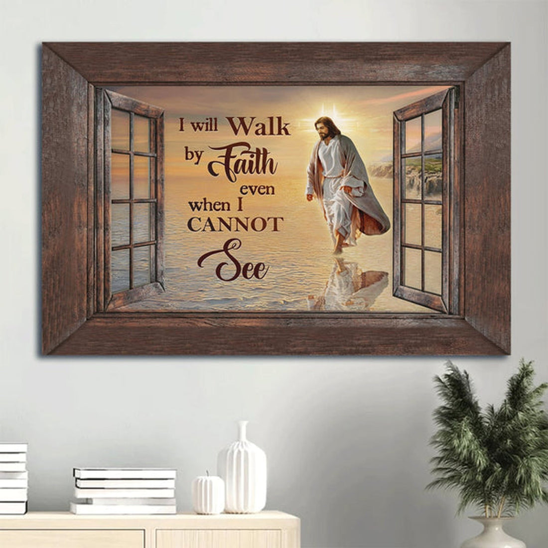 Beautiful Beach Walking With I Will Walk By Faith Canvas Wall Art - Christian Wall Decor