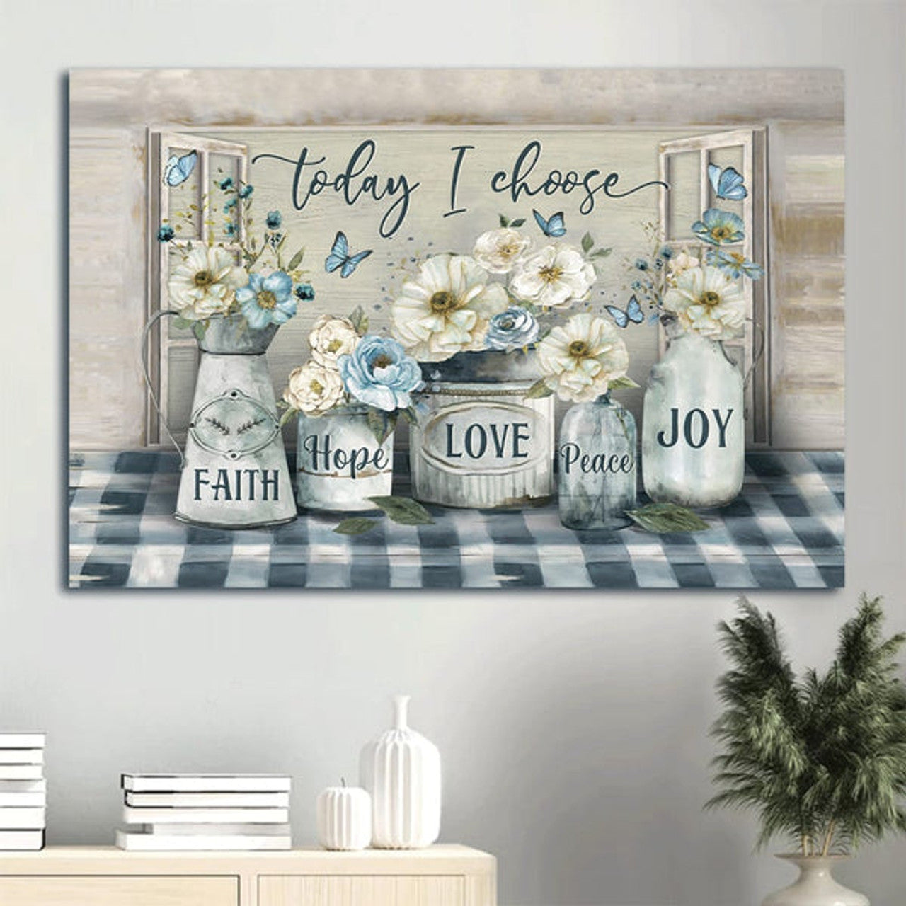 Beautiful Camellia Blue Butterfly Flower Painting Today I Choose Joy Canvas Wall Art - Christian Wall Decor