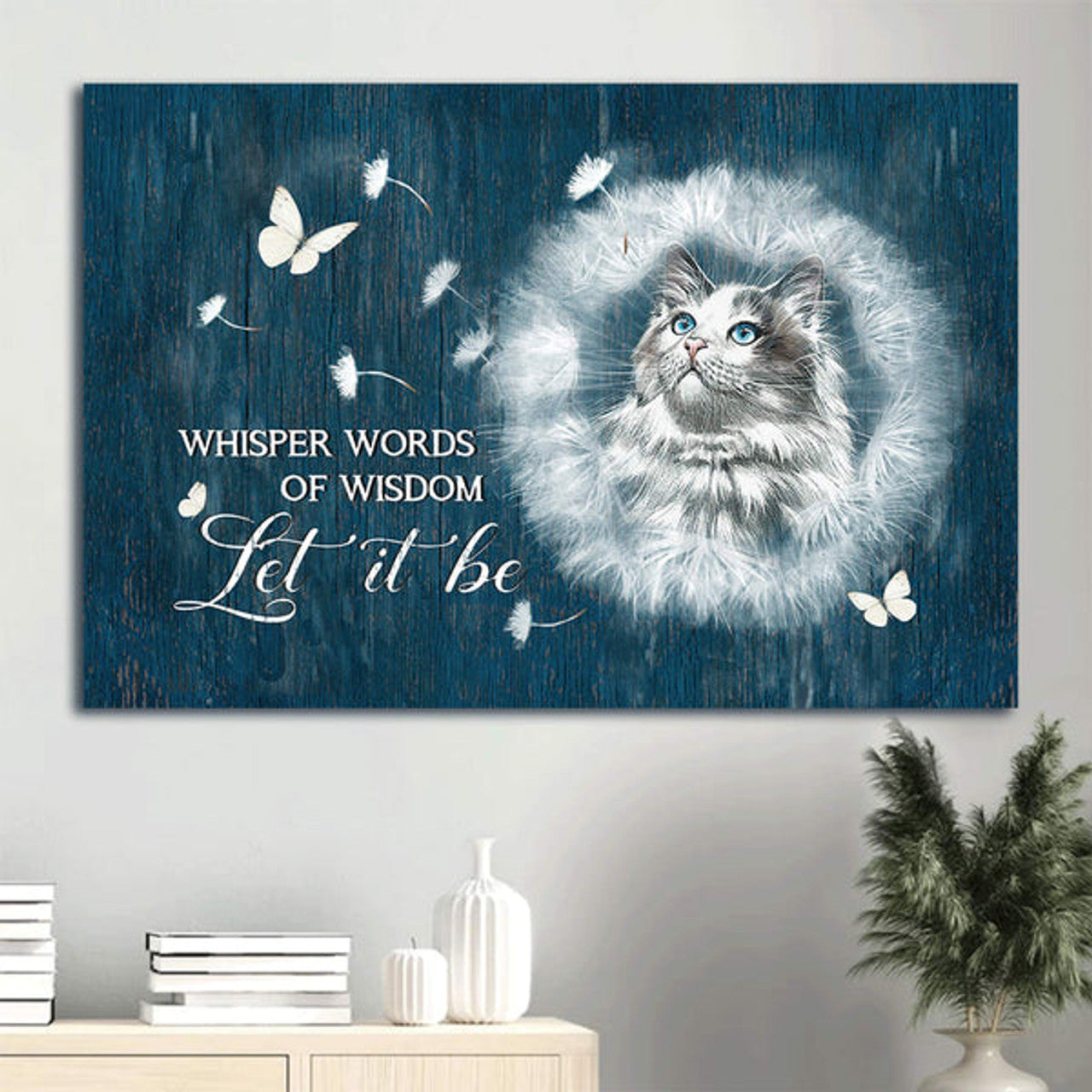 Beautiful Cat Dandelion Drawing White Butterfly Let It Be Canvas Wall Art - Christian Wall Decor