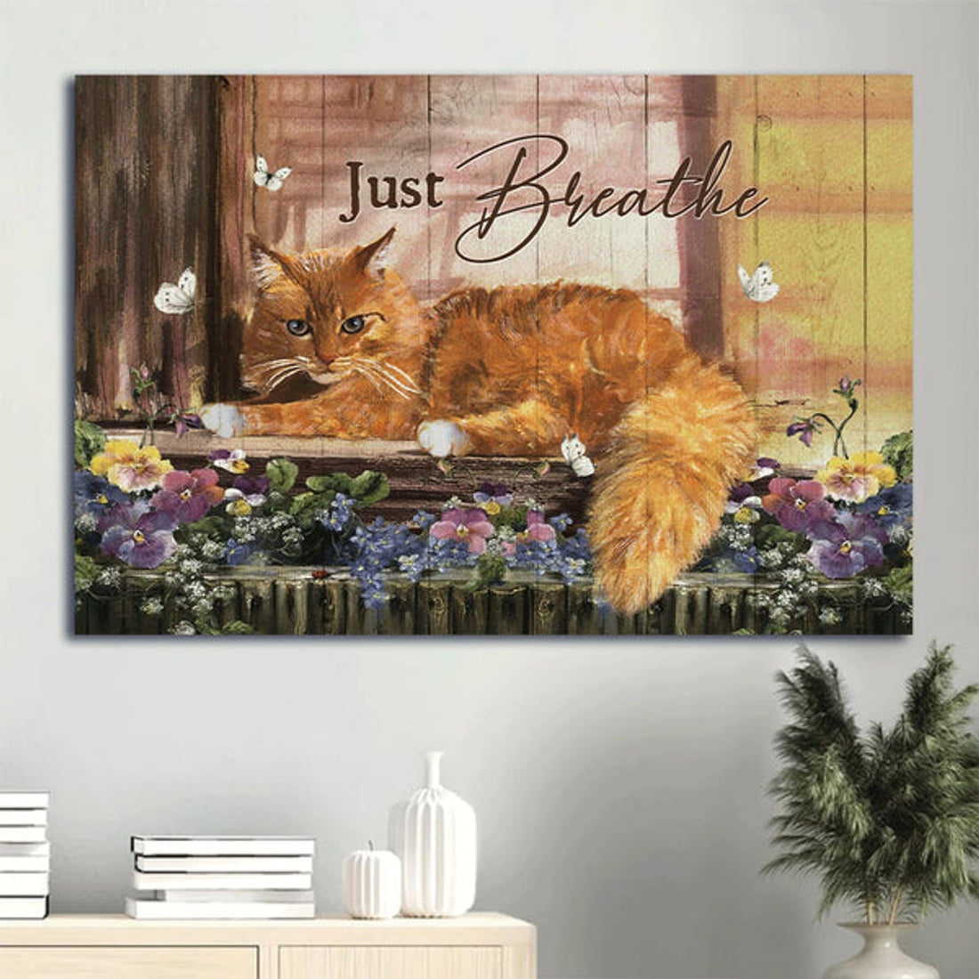 Beautiful Cat Painting Purple Flower White Butterfly Just Breathe Canvas Wall Art - Christian Wall Decor