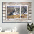 Beautiful Church Country Church Through Rustic Window Yellow Meadow Canvas Wall Art - Christian Wall Decor