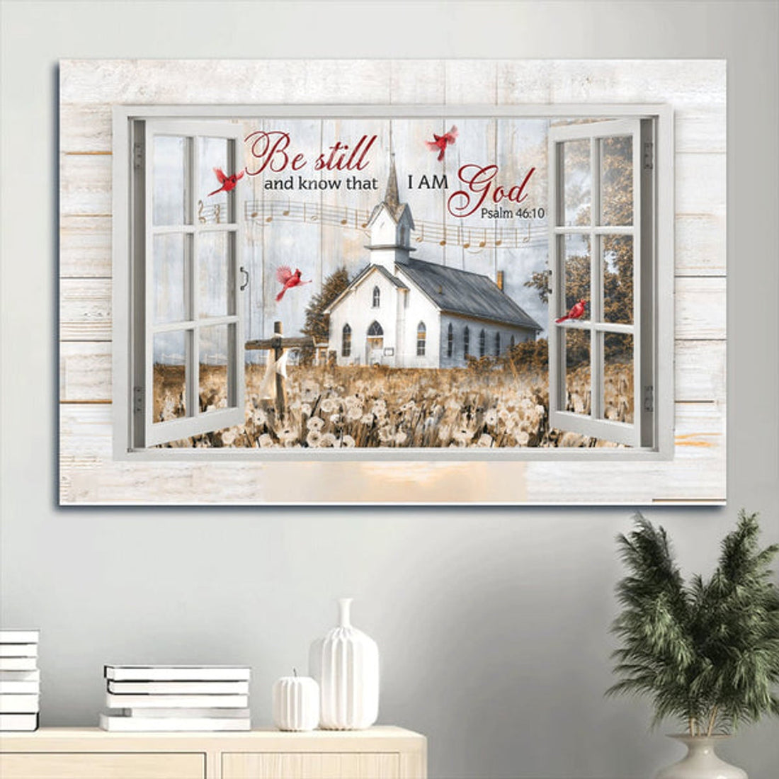 Beautiful Church Dandelion Field Red Cardinal Canvas Be Still And Know That I Am God Canvas Wall Art - Christian Wall Decor