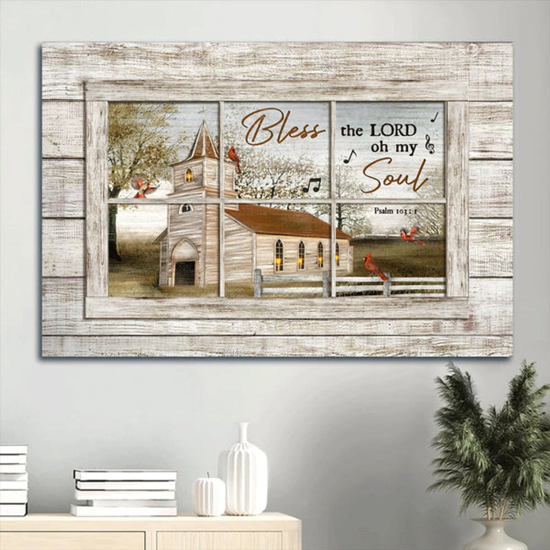 Beautiful Church Red Cardinals Green Trees Bless The Lord Canvas Wall Art - Christian Wall Decor