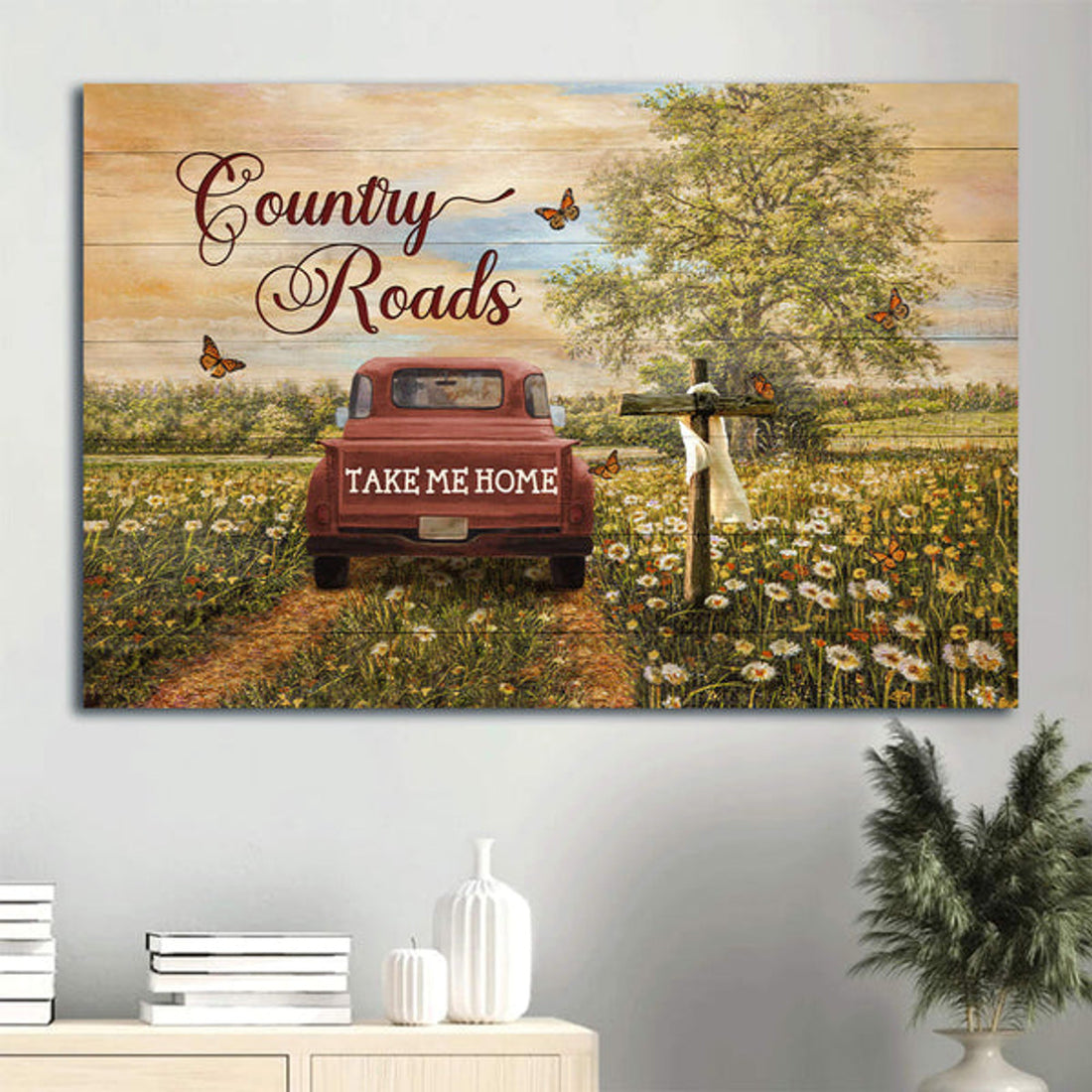 Beautiful Countryside Dandelion Field Ladybug Car Country Roads Take Me Home Canvas Wall Art - Christian Wall Decor