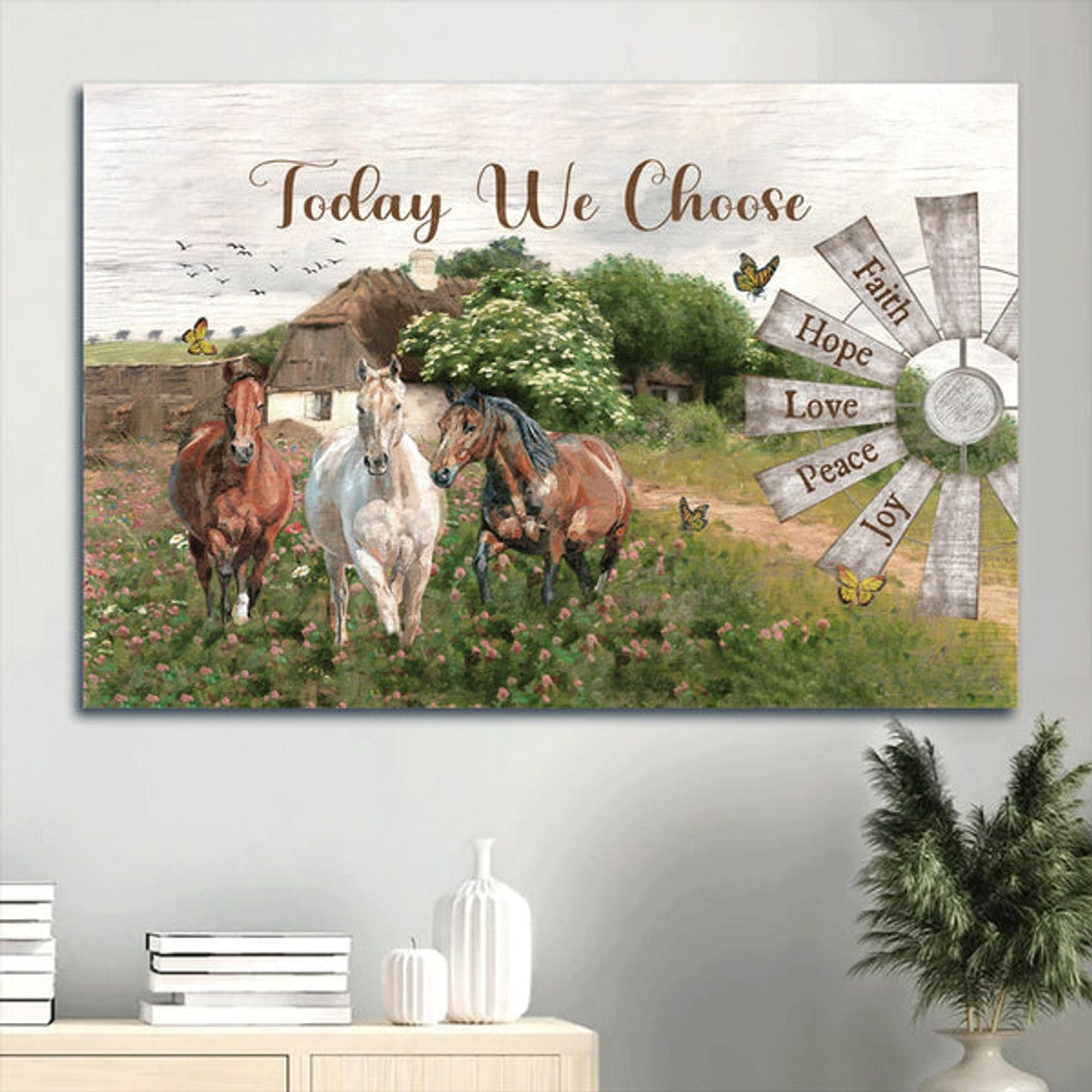 Beautiful Countryside Dream Horses Windmill Today We Choose Joy Canvas Wall Art - Christian Wall Decor