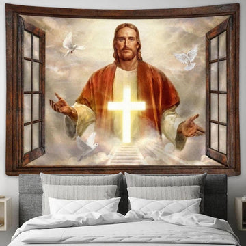 Beautiful Cross Dove Come With Me Jesus Tapestry, Tapestries for Living Room Bedroom
