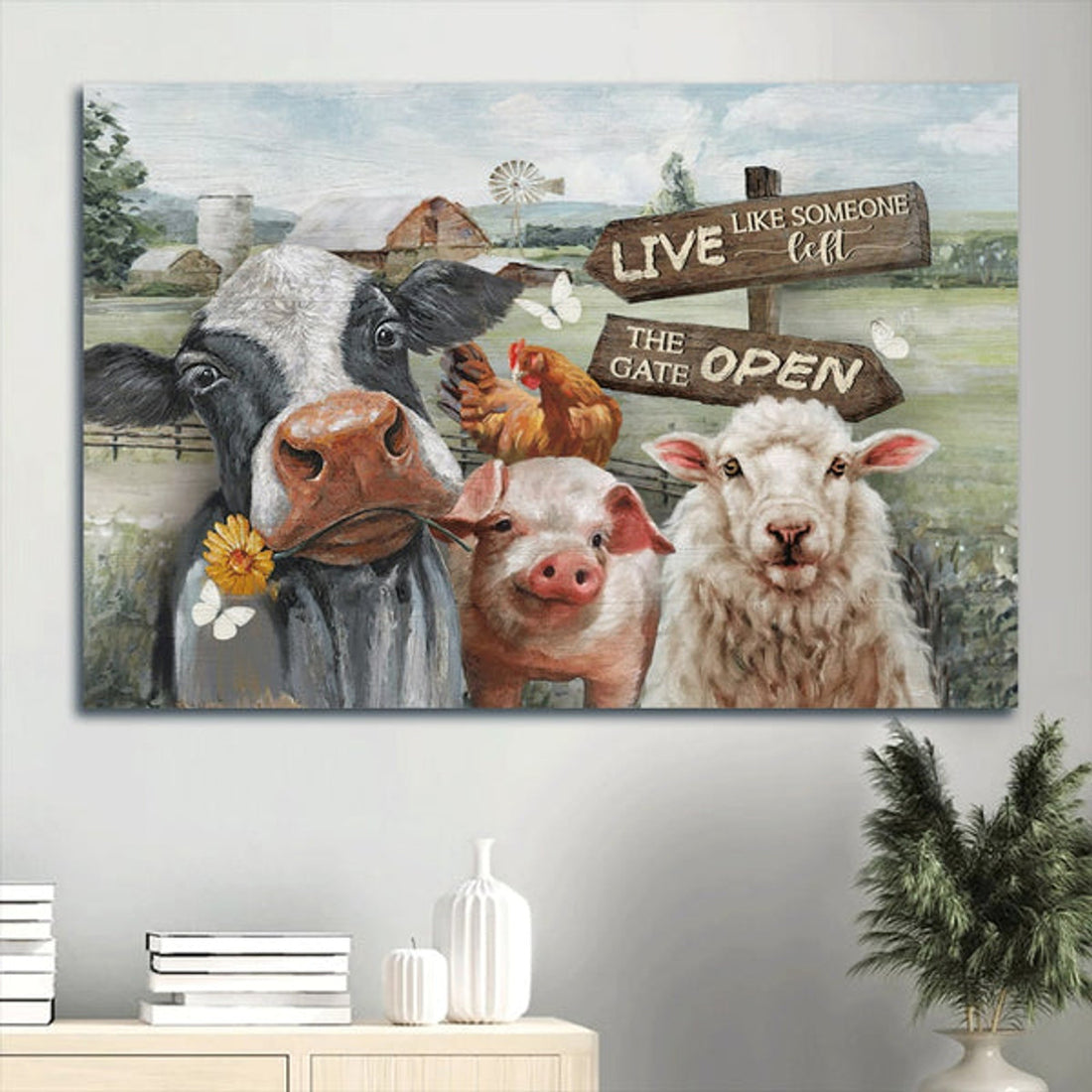 Beautiful Dairy Cow White Lamb Farm Drawing Live Like Someone Left The Gate Open Canvas Wall Art - Christian Wall Decor