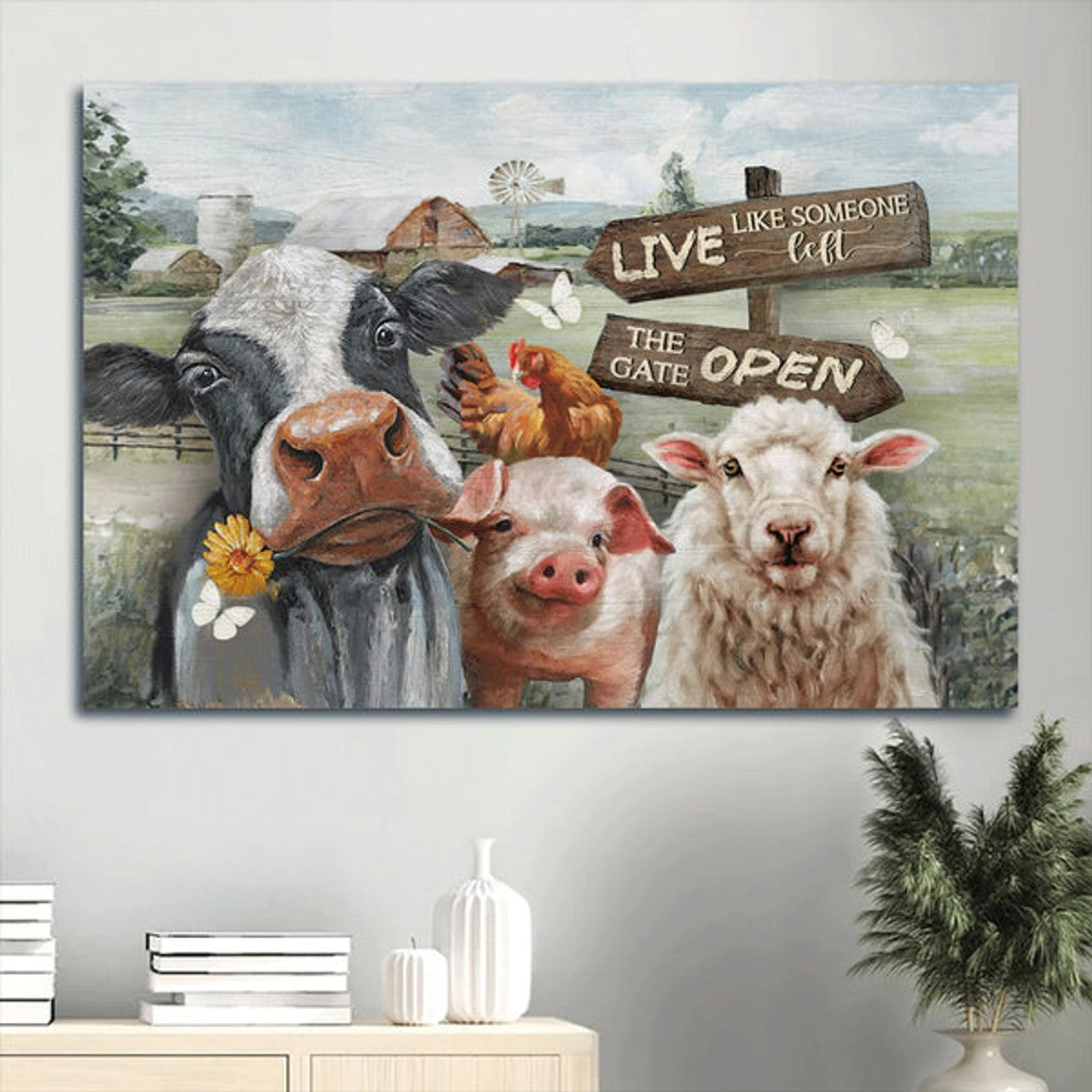 Beautiful Dairy Cow White Lamb Farm Drawing Live Like Someone Left The Gate Open Canvas Wall Art - Christian Wall Decor