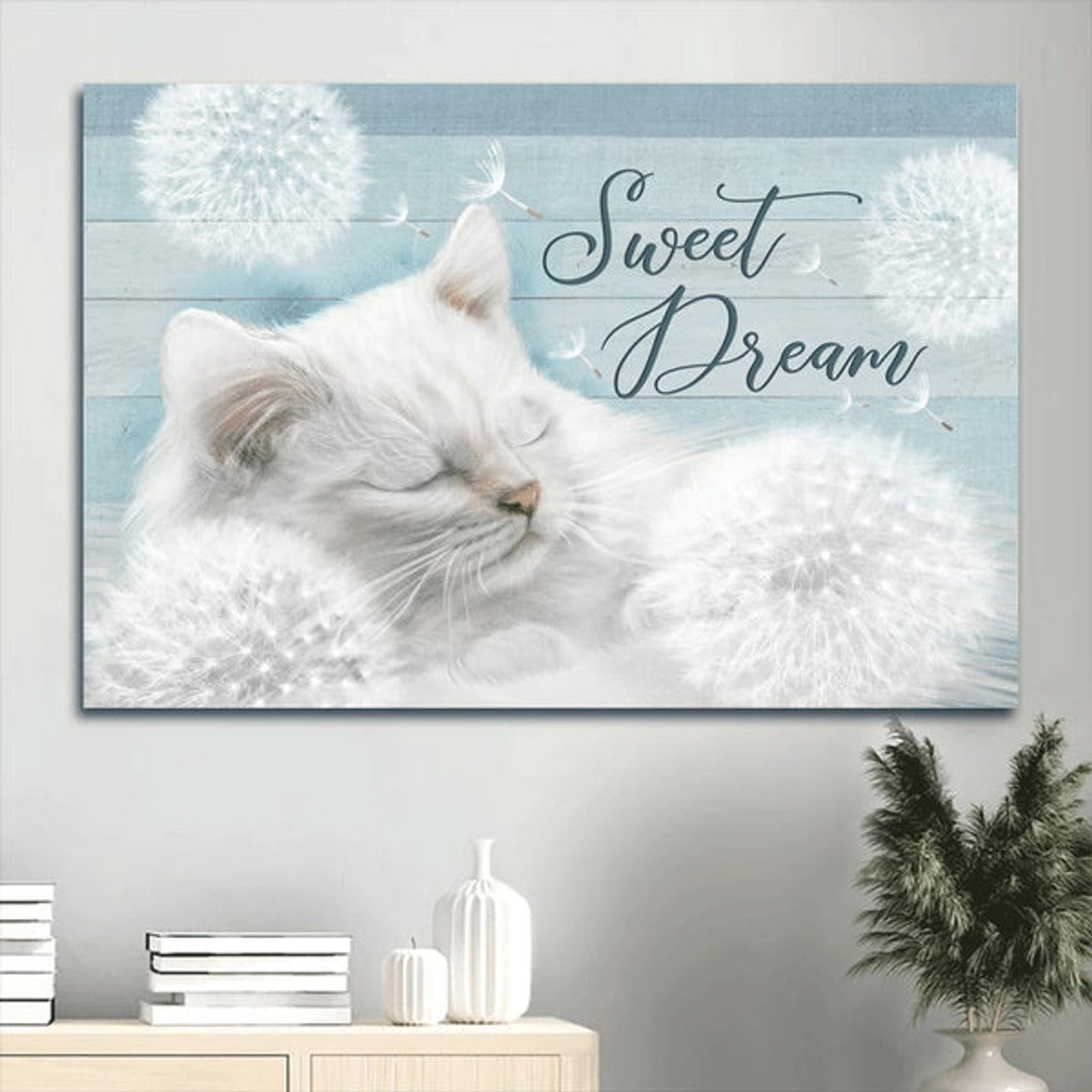 Beautiful Dandelion Cute White Cat Canvas Sweet Dream Canvas Wall Art - Christian Wall Decor