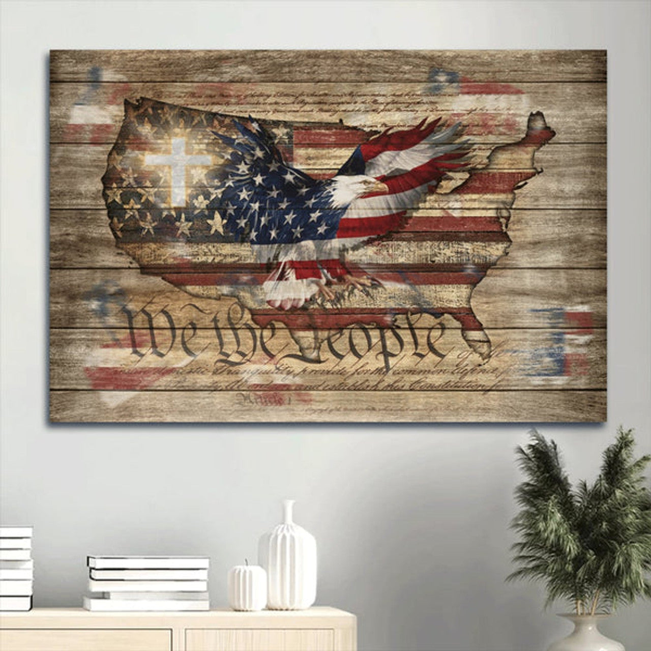Beautiful Eagle Painting White Cross Amazing Us Flag Canvas We The People Canvas Wall Art - Christian Wall Decor