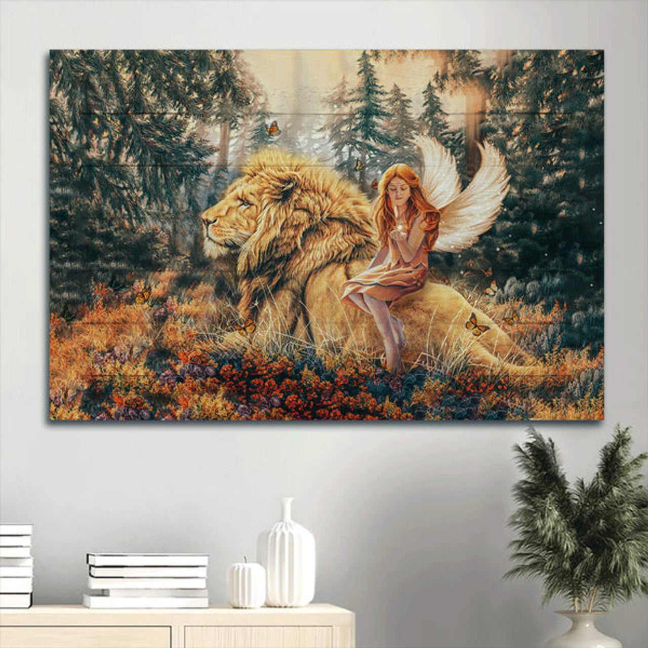 Beautiful Fairy Lion Of Judah Autumn Forest Canvas Wall Art - Christian Wall Decor