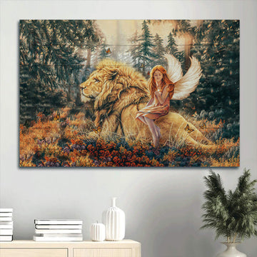Beautiful Fairy Lion Of Judah Autumn Forest Canvas Wall Art - Christian Wall Decor