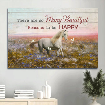 Beautiful Flower Field White Horse White Butterfly Canvas There Are So Many Beautiful Reasons To Be Happy Canvas Wall Art - Christian Wall Decor