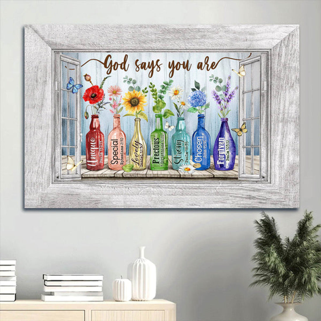 Beautiful Flowers Rainbow Color Colored Glass Bottles Butterfly Canvas God Says You Are Canvas Wall Art - Christian Wall Decor