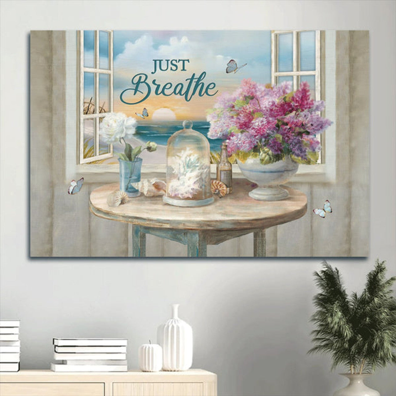 Beautiful Flowers Seashells Coral Sunrise View Butterfly Painting Canvas Just Breathe Canvas Wall Art - Christian Wall Decor