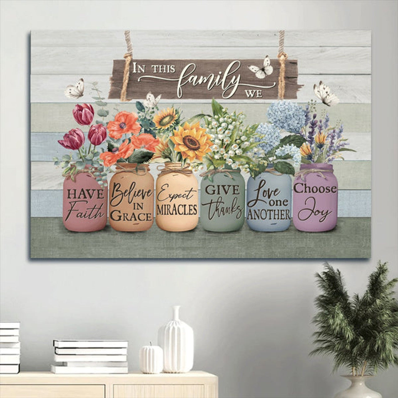 Beautiful Flowers Sunflower Tulip Hydrangea Bell Flower Canvas In This Family Canvas Wall Art - Christian Wall Decor