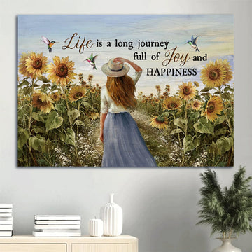 Beautiful Girl Sunflower Field Colorful Hummingbirds Canvas Life Is A Long Journey Canvas Wall Art - Christian Wall Decor