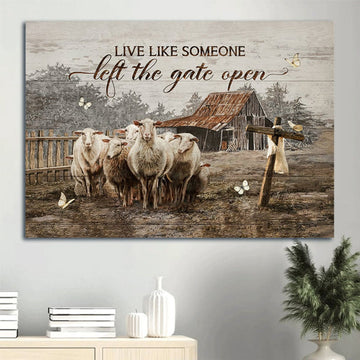 Beautiful Goat Painting Farm Drawing Wooden Cross White Butterfly Canvas Live Like Someone Left The Gate Open Canvas Wall Art - Christian Wall Decor