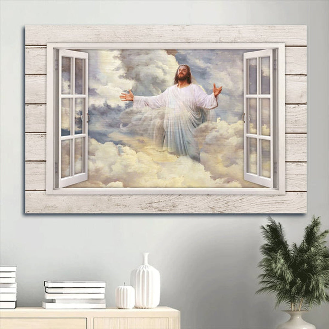 Beautiful Heaven Jesus Painting Vintage Windows Jesus In The Clouds Canvas Wall Art - Christian Wall Decor