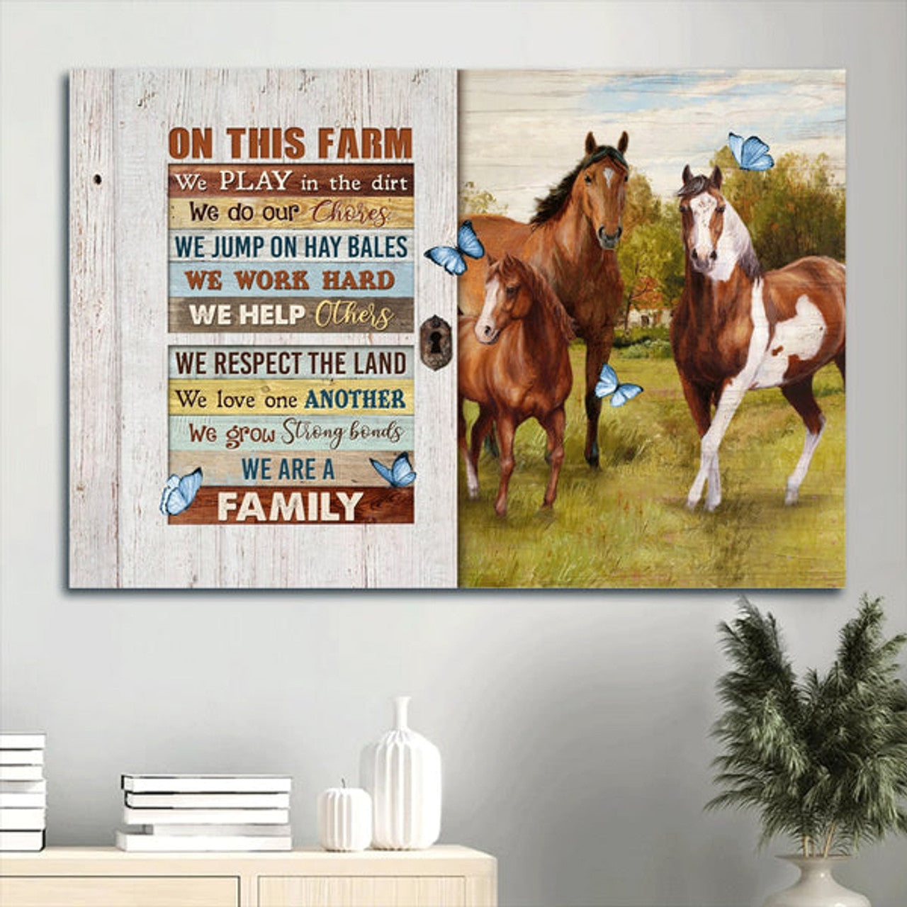 Beautiful Horse Drawing Green Meadow Blue Butterfly Canvas On This Farm We Play In The Dirt Canvas Wall Art - Christian Wall Decor