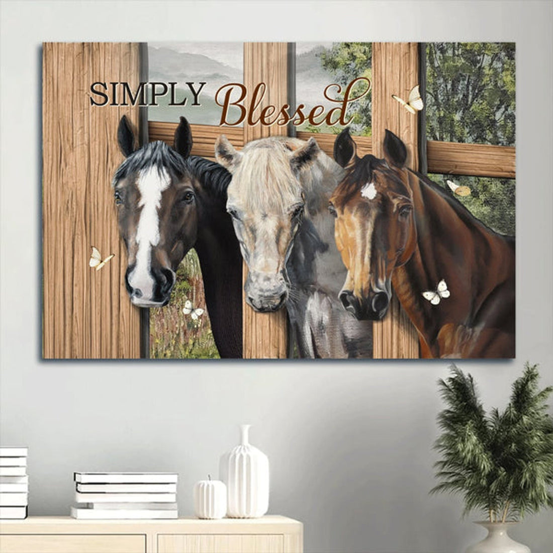 Beautiful Horse Drawing Quarter Horse White Butterfly Canvas Simply Blessed Canvas Wall Art - Christian Wall Decor