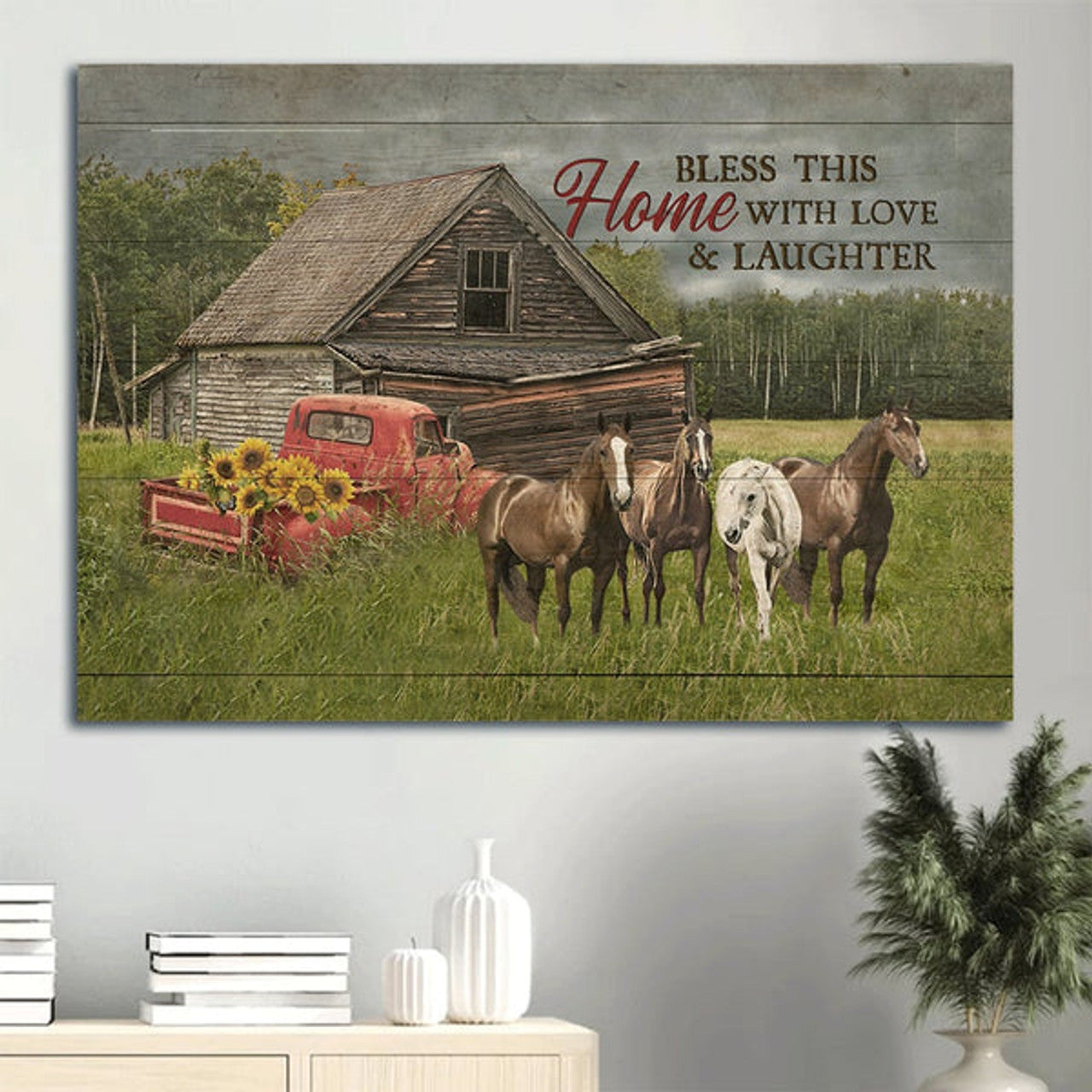 Beautiful Horse Meadow Land Ladybug Car Canvas Bless This Home Canvas Wall Art - Christian Wall Decor