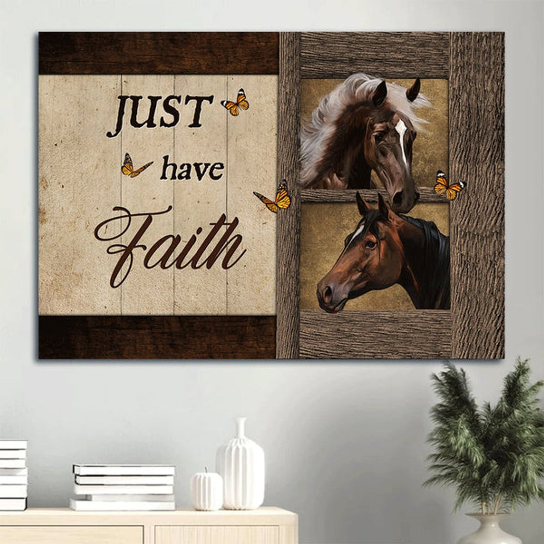 Beautiful Horse Orange Butterfly Wooden Background Canvas Just Have Faith Canvas Wall Art - Christian Wall Decor