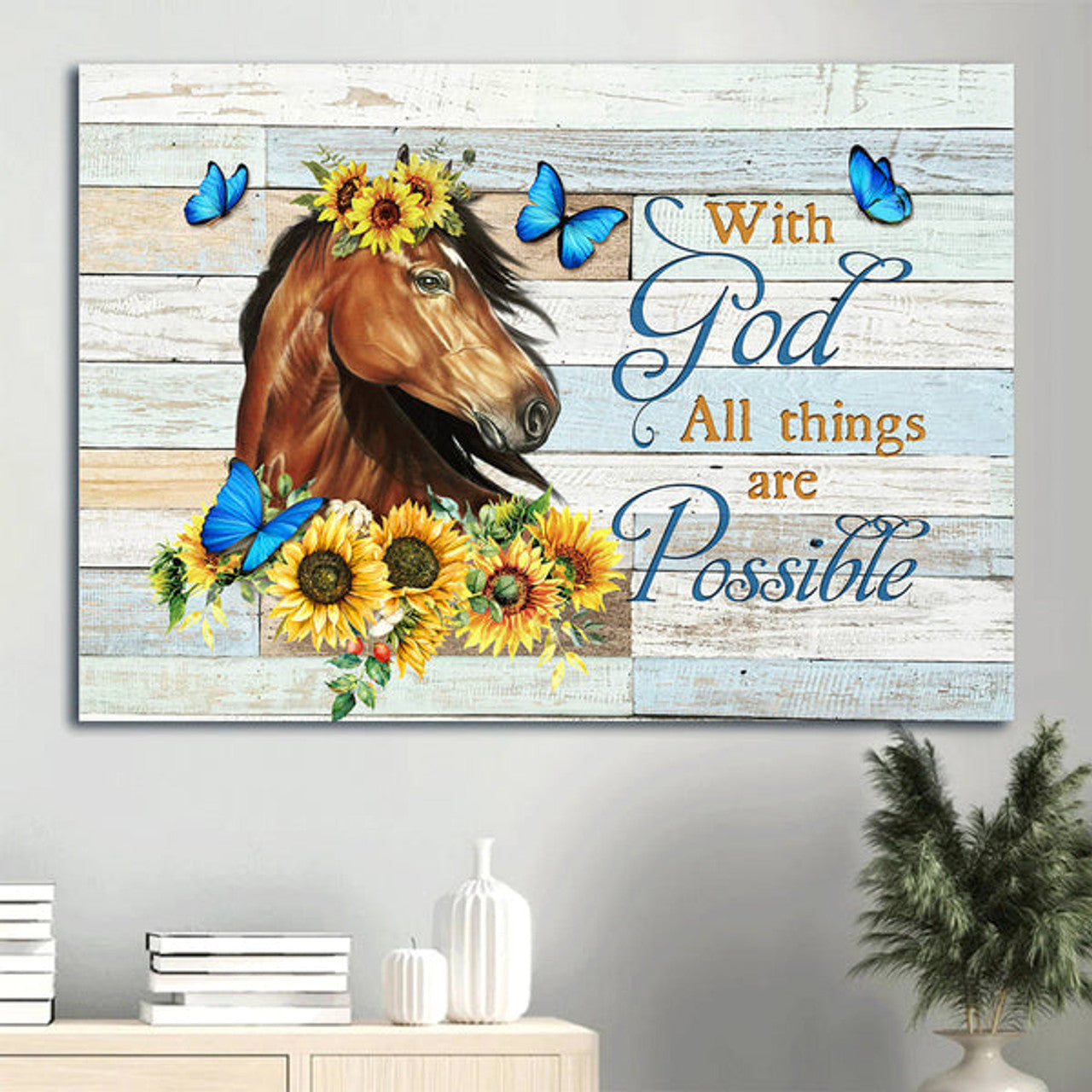 Beautiful Horse Painting Sunflower Drawing Blue Butterfly Canvas With God All Things Are Possible Canvas Wall Art - Christian Wall Decor