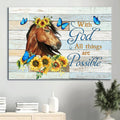 Beautiful Horse Painting Sunflower Drawing Blue Butterfly Canvas With God All Things Are Possible Canvas Wall Art - Christian Wall Decor