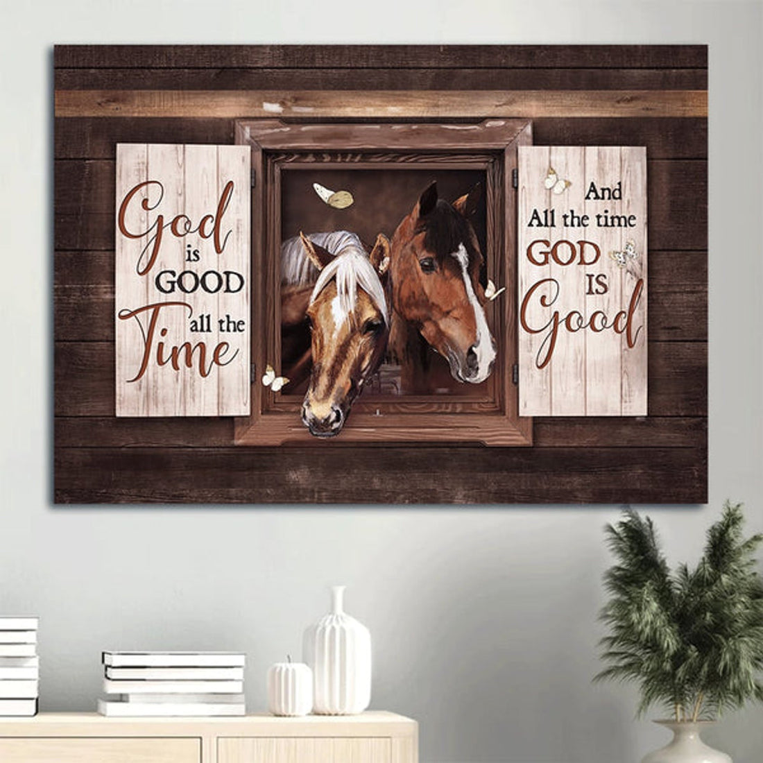 Beautiful Horse Square Frame White Butterfly Canvas God Is Good All The Time Canvas Wall Art - Christian Wall Decor