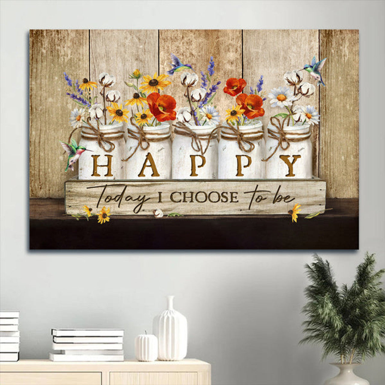 Beautiful Hummingbird Rustic Background Color Flowers Canvas Today I Choose Happy Canvas Wall Art - Christian Wall Decor