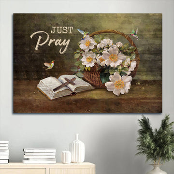 Beautiful Jasmine Wooden Cross Colorful Hummingbird Canvas Just Pray Canvas Wall Art - Christian Wall Decor
