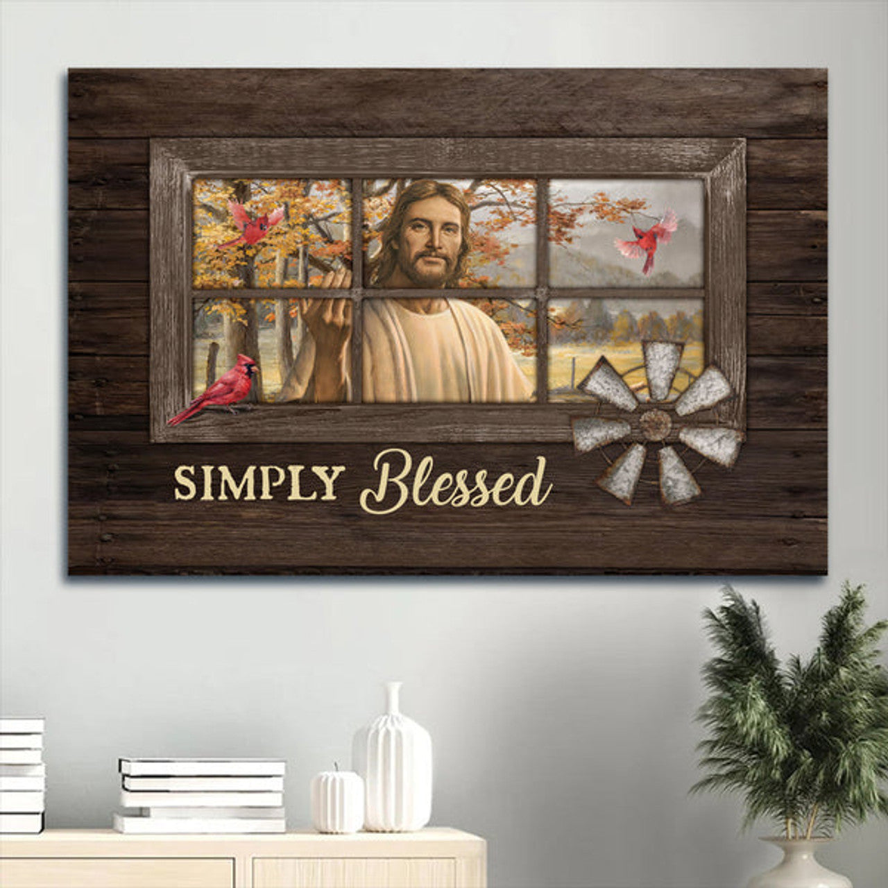 Beautiful Jesus Face Red Cardinal Autumn Forest Simply Blessed Canvas Wall Art - Christian Wall Decor