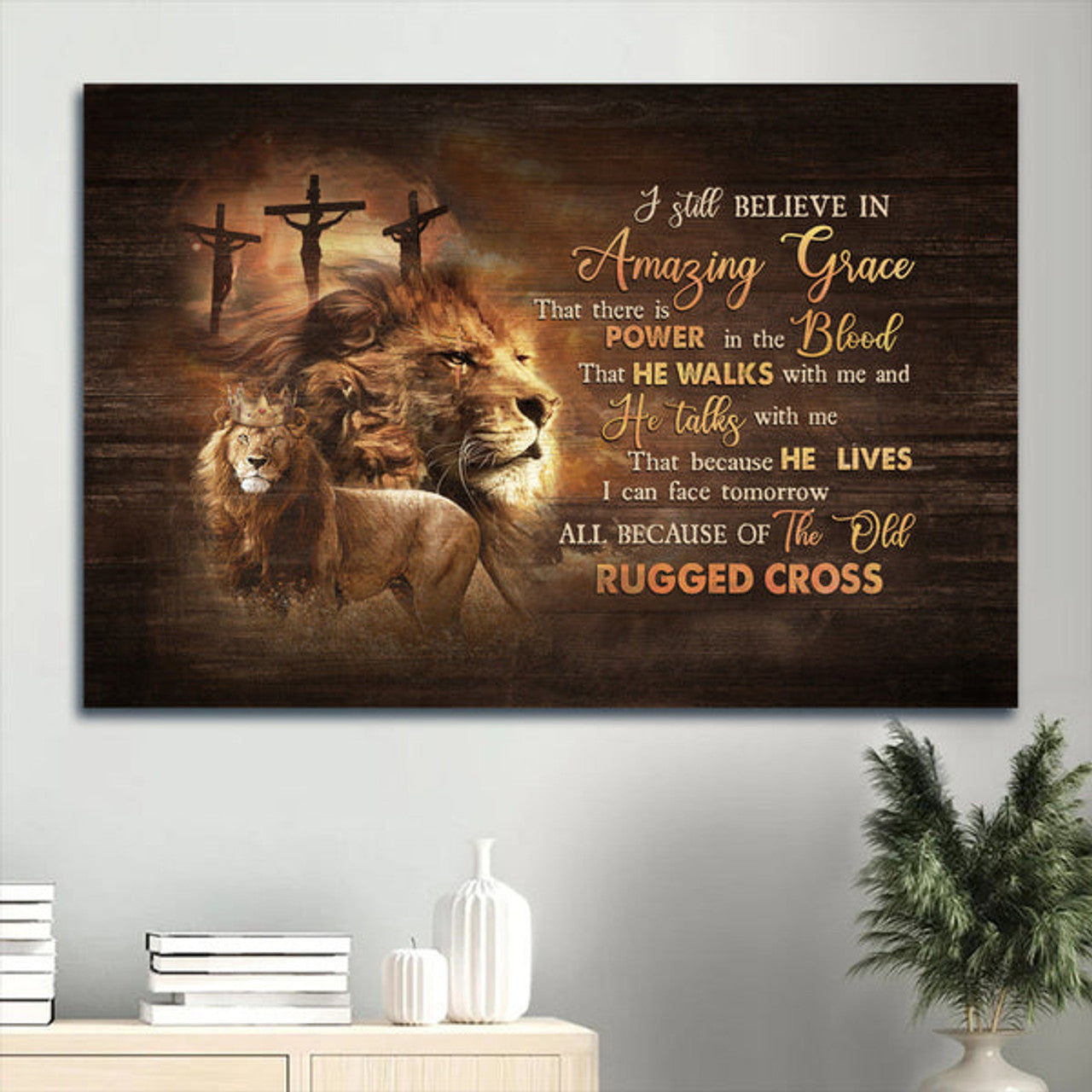 Beautiful Lion Drawing Golden Crown I Still Believe In Amazing Grace Canvas Wall Art - Christian Wall Decor