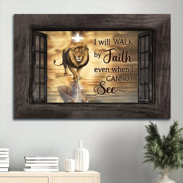Beautiful Lion Drawing Orange Sunset Jesus Symbol I Will Walk By Faith Canvas Wall Art - Christian Wall Decor