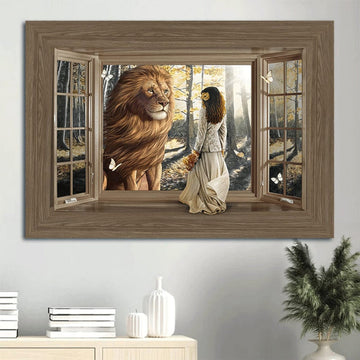 Beautiful Lion Wooden Window Pretty Girl Sunny Day Canvas Wall Art - Christian Wall Decor
