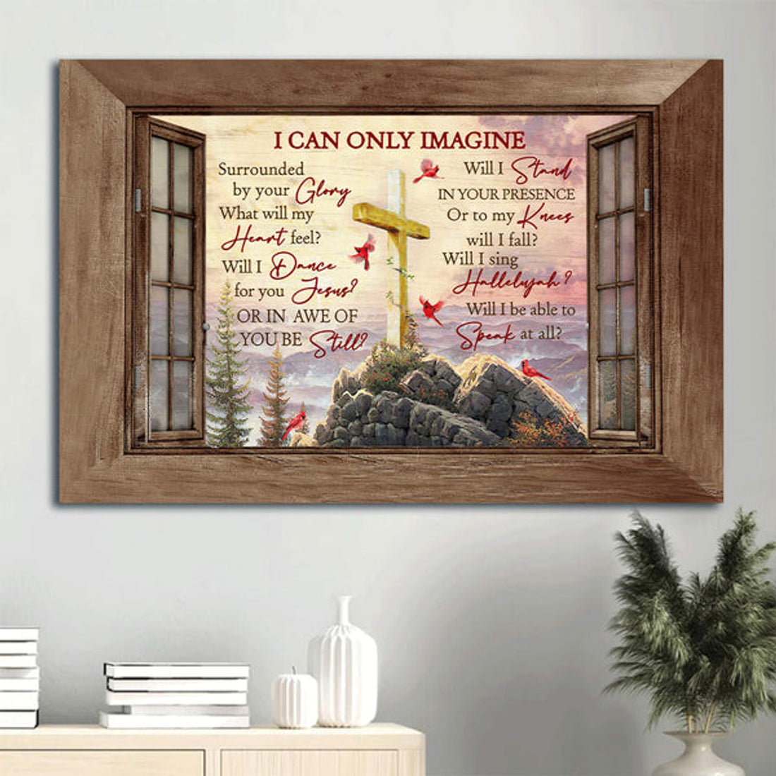 Beautiful Mountain Wooden Cross Pink Sunset I Can Only Imagine Canvas Wall Art - Christian Wall Decor