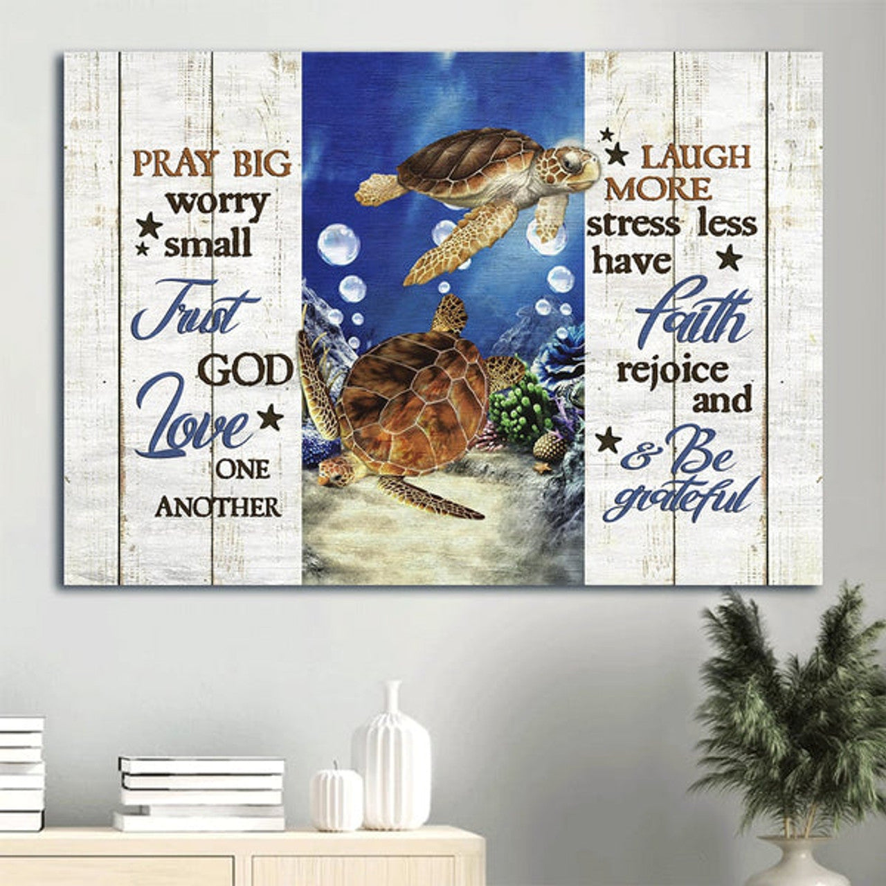 Beautiful Sea Turtle Blue Ocean Water Bubbles Pray Big Worry Small Canvas Wall Art - Christian Wall Decor